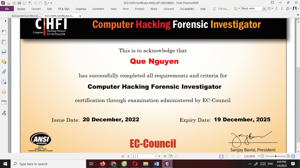 Chúc mừng Que Nguyen Hoàn Thành Đủ Bộ 3 Chứng Chỉ Quốc Tế CEH CHFI&nbsp;SEC+